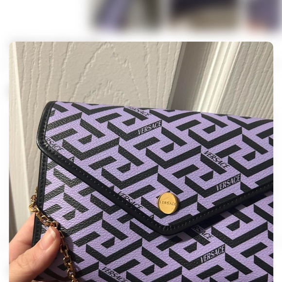 Versace Le Greca Lavender and Black Logo Envelope Wristlet with Gold Hardware